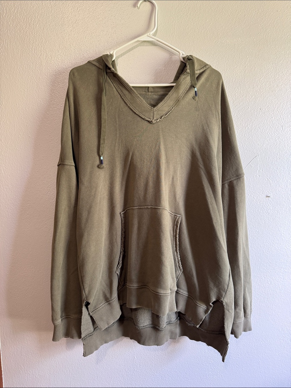 aerie Olive Green V-Neck Hooded Pullover Sweater